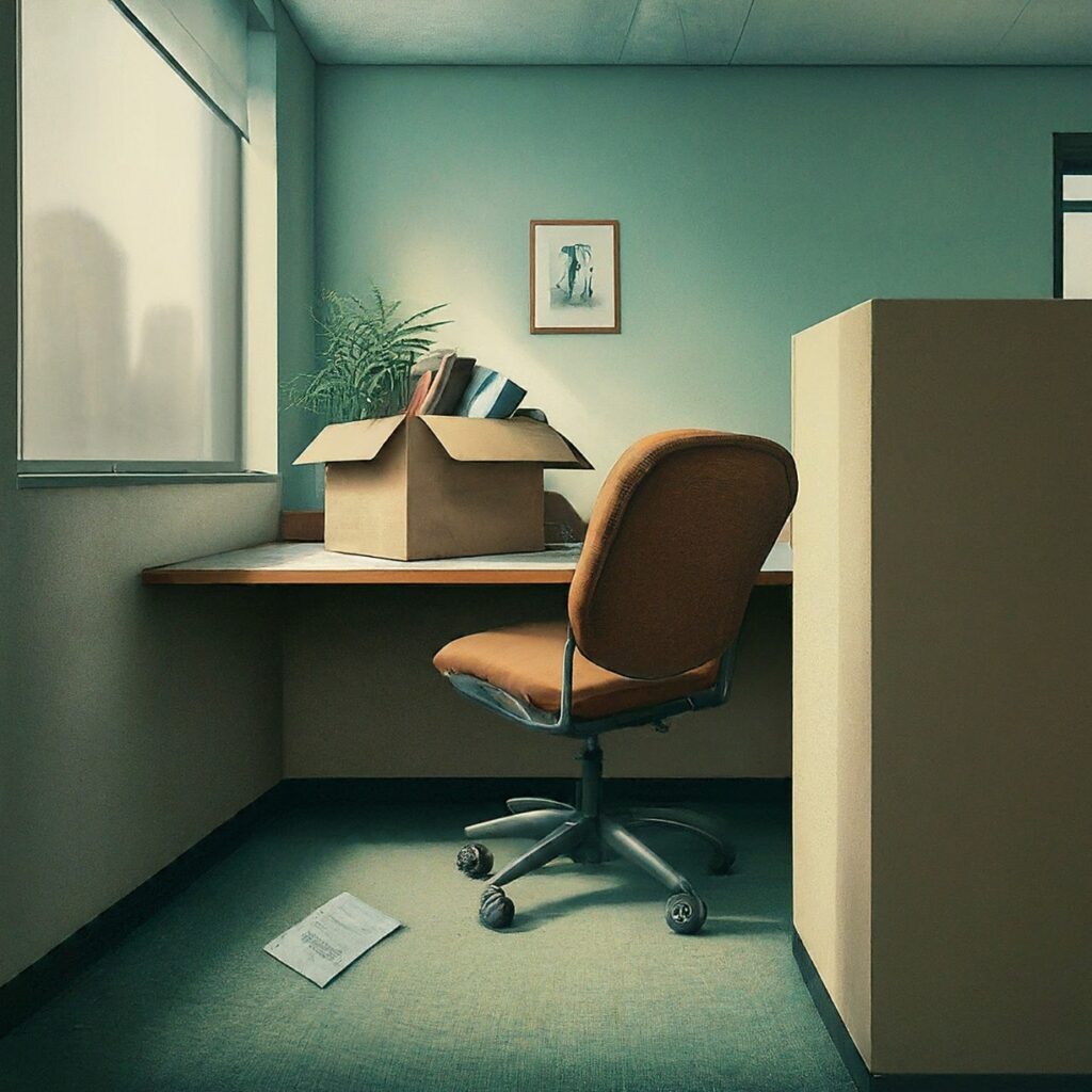 image of layoffs including empty desk and box of personal items