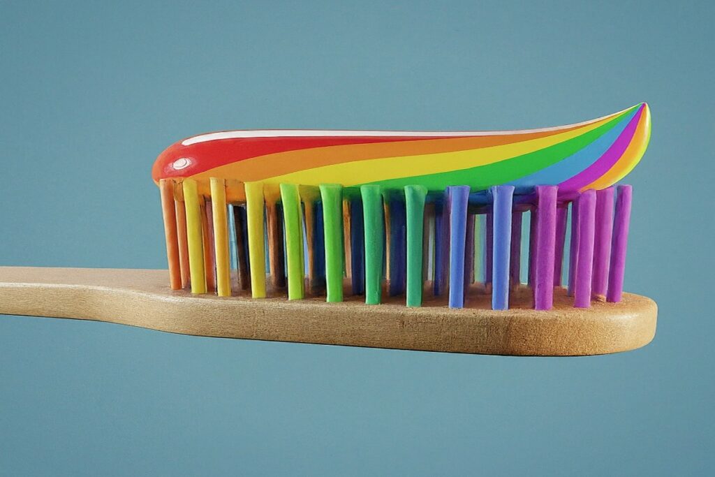 a toothbrush with rainbow colored toothpaste for lgbtq+ pride
