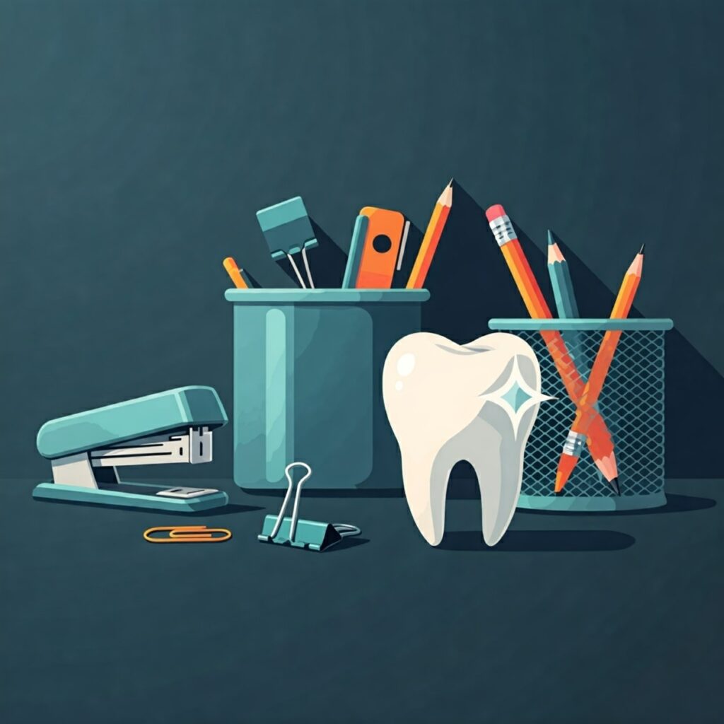 image of office supplies and a sparkling tooth showing the importance of dental care in corporate wellness programs