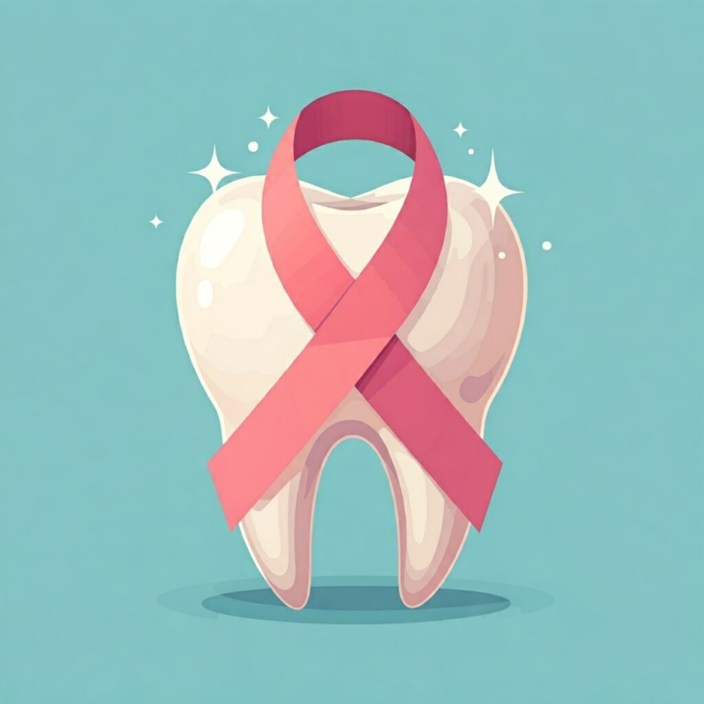 image of a pink ribbon and sparkling tooth representing dental health solutions for women with menopause