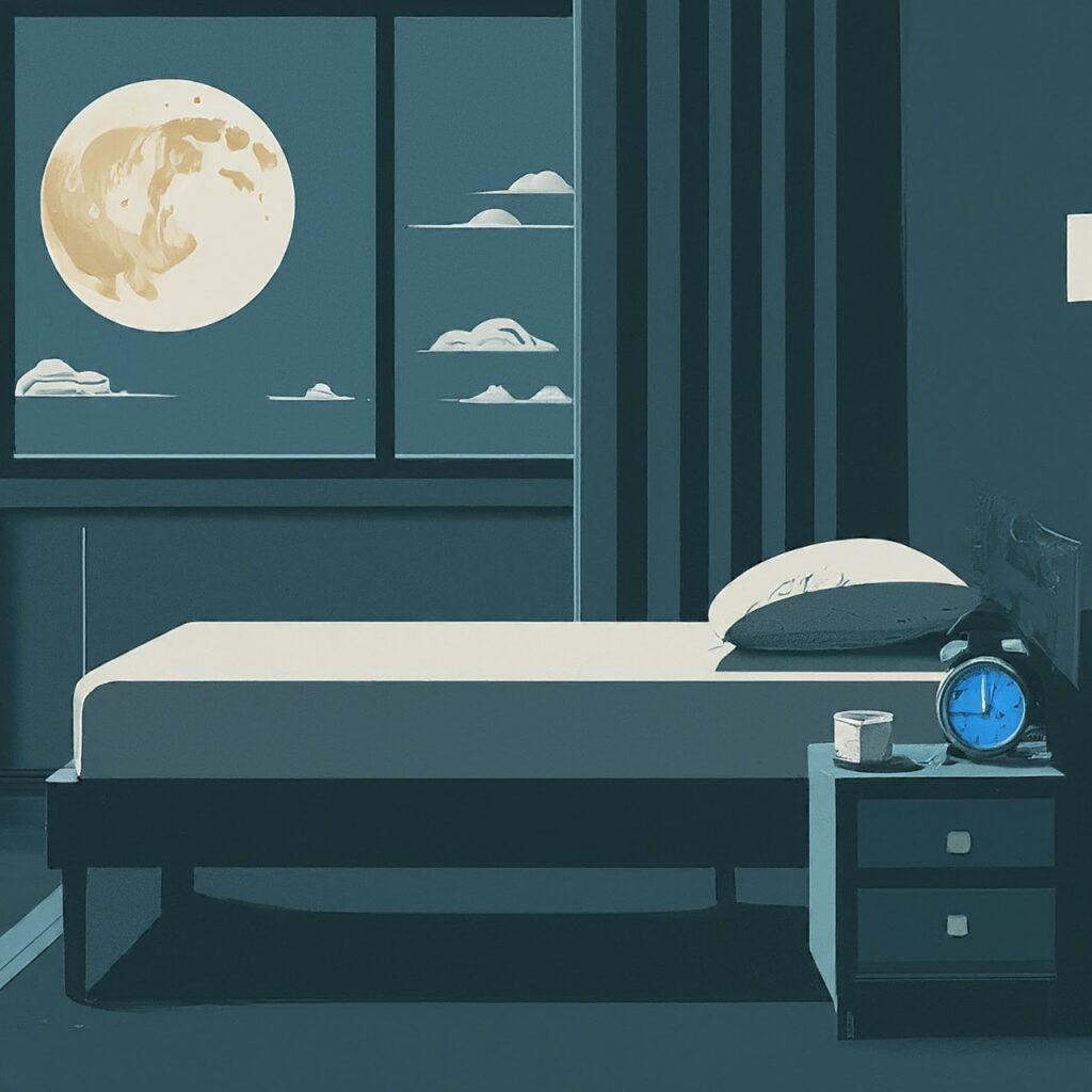 image of a bed with an alarm clock and the moon shining outside the window, depicting sleep disorders