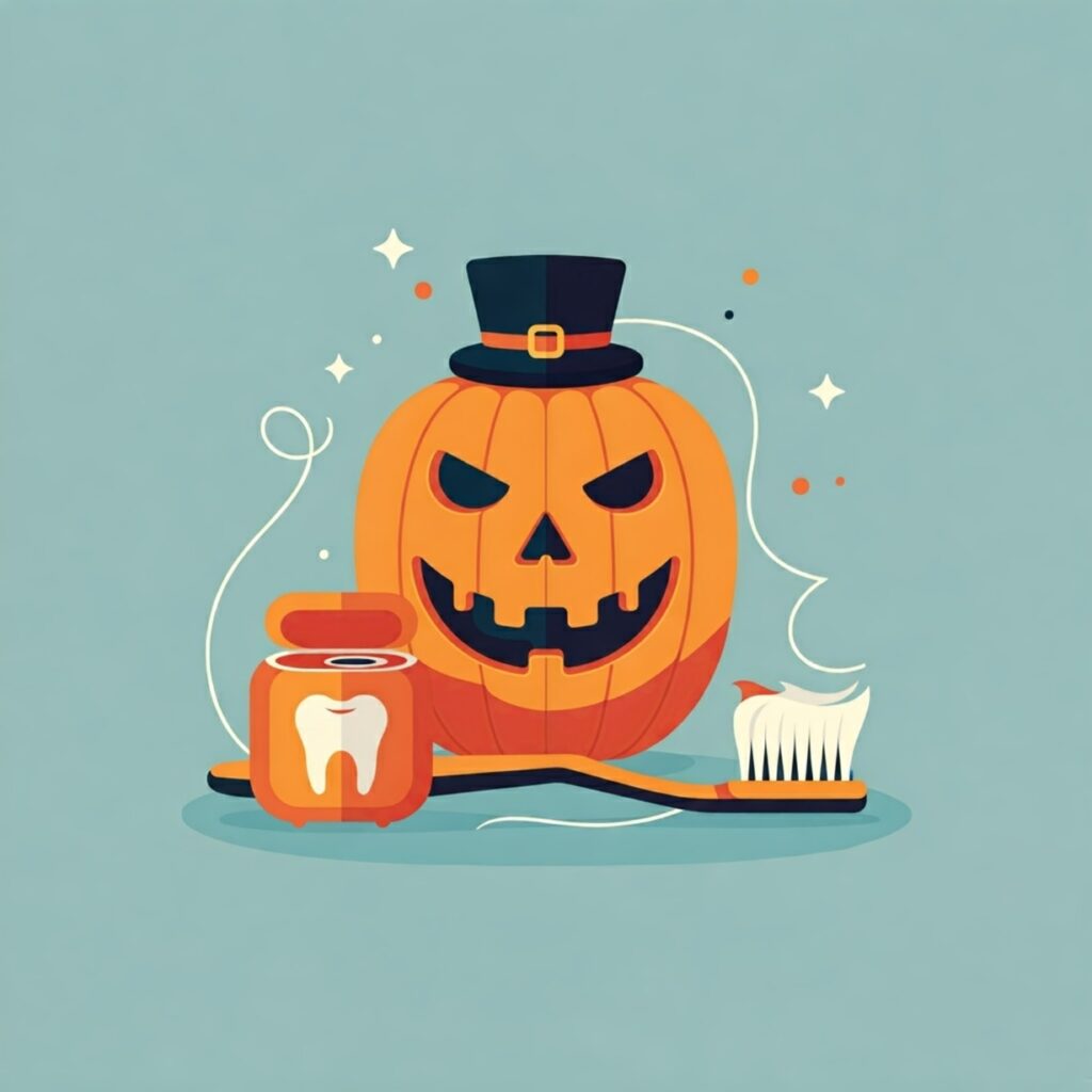 Halloween jack-o-lantern with toothbrush and floss depicting good dental care and protecting teeth from sweet treats