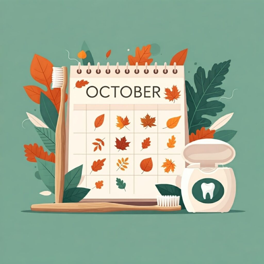 calendar of october with toothbrush and dental floss depicting dental hygiene month