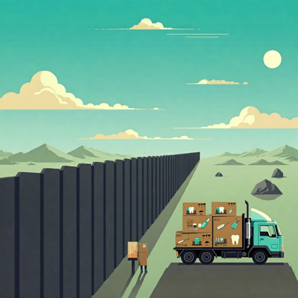 Image of a truck with dental equipment and materials being blocked from entering a country by a large wall. The image represents the impact tariffs could have on the dental industry.