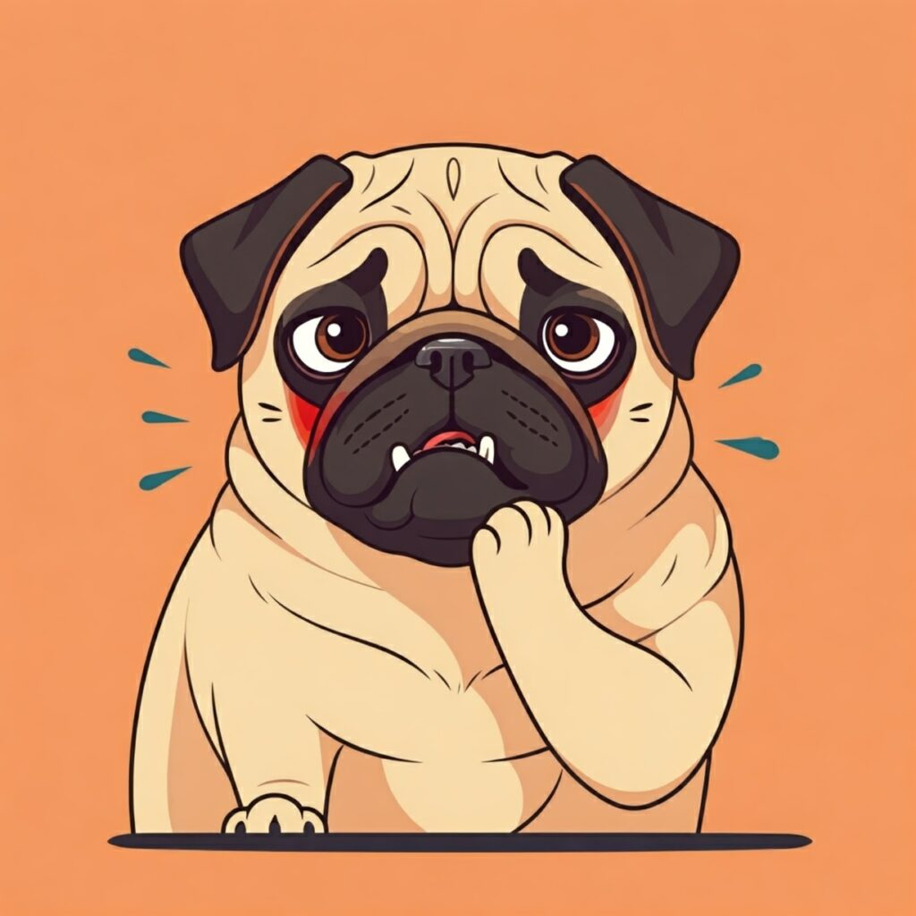 image of a cartoon pug holding its paw up to its sore jaw, representing pain from tmj disorders (TMD)