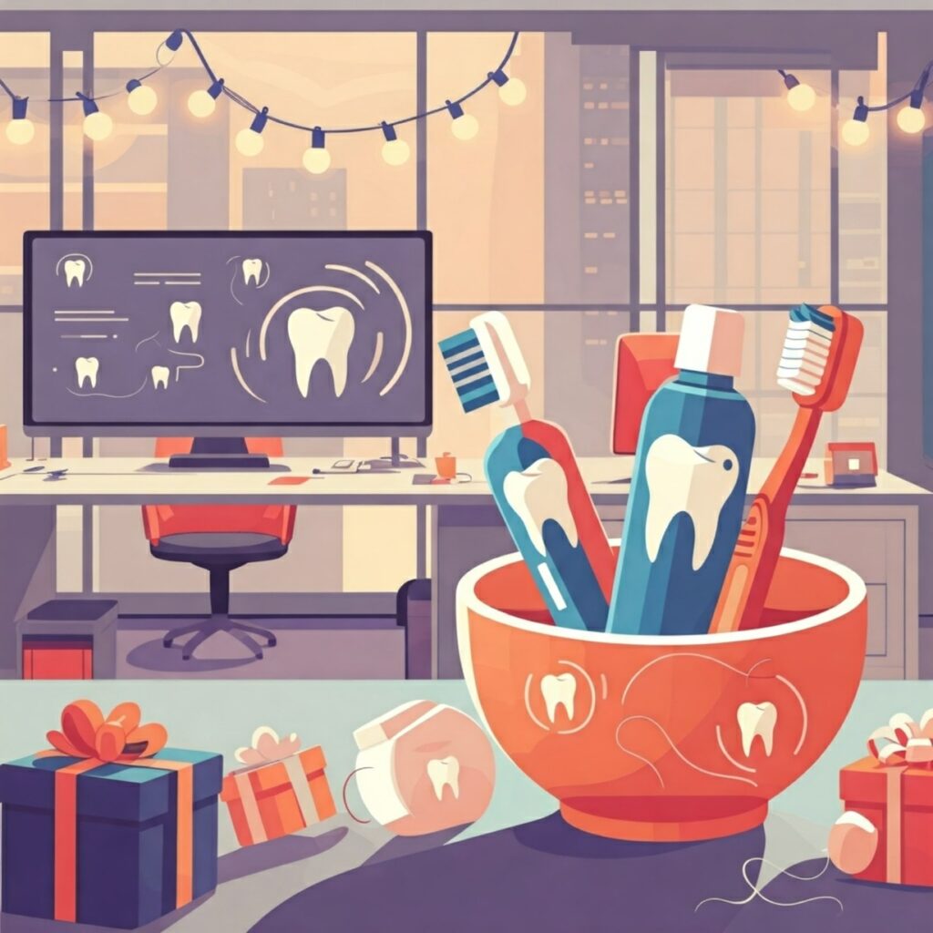 A festively decorated office with holiday lights, a toothbrush, toothpaste and floss, showing portable preventative dental care as a unique benefit.