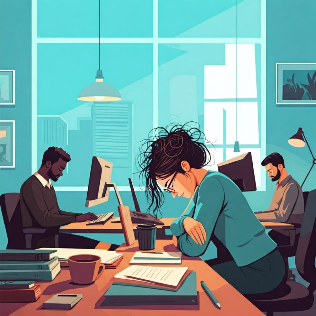 Distracted workers staring down at their desks in an illustration of employee disengagement