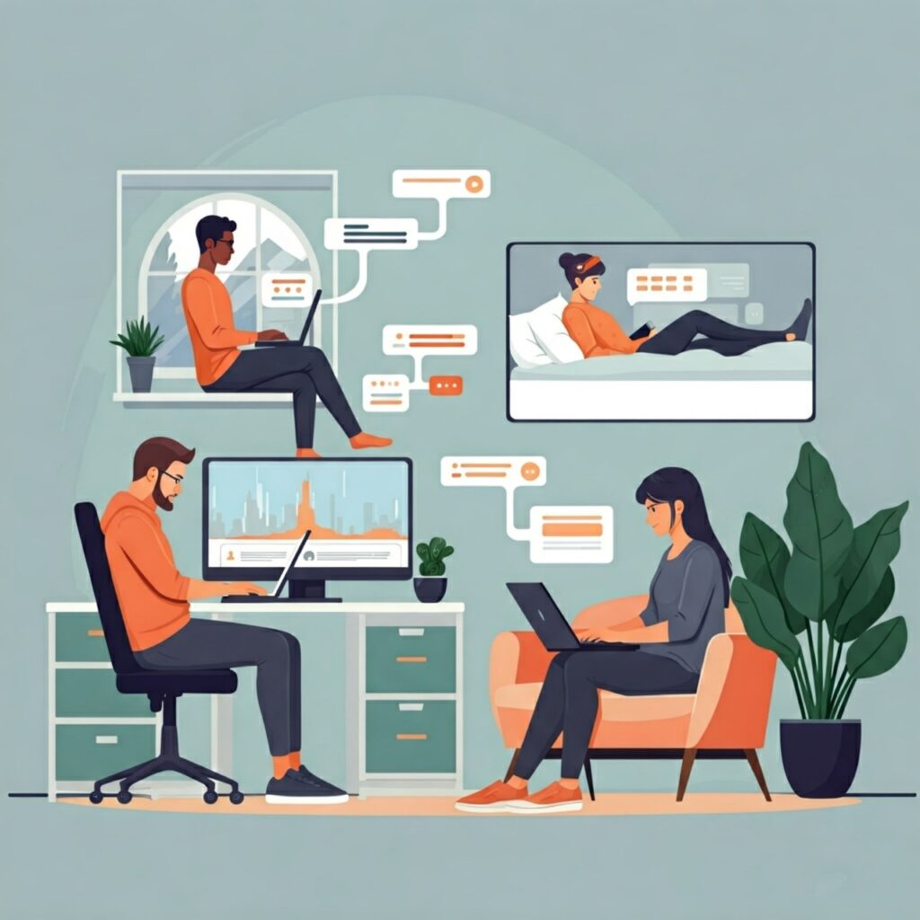 Illustration of remote and in-office workers depicting the challenges of managing morale in the hybrid workforce and how preventative onsite dental care can help.