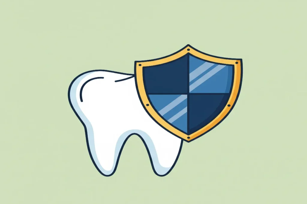 An illustration of a tooth holding a shield to represent the prevention of tooth decay.