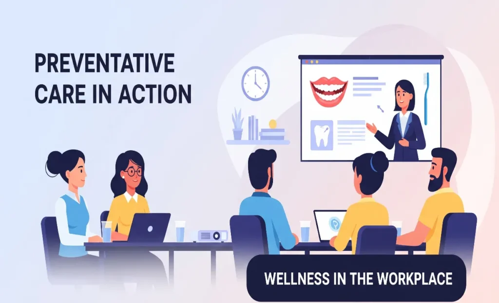 Colorful image of employees attending a wellness webinar on preventative onsite dental care.